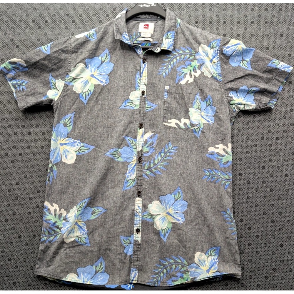 Quiksilver Mens L Short Sleeve Hawaiian Floral Shirt Charcoal Tropical Surf Slim